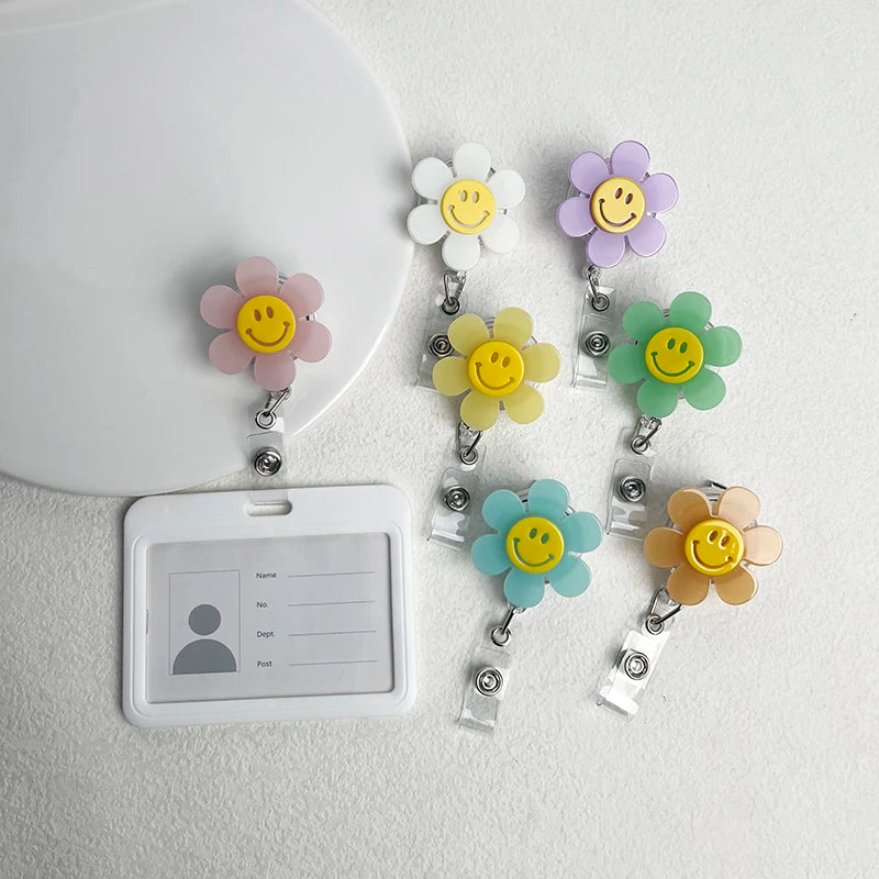 “Smiley Flower Luminous Badge Reel – Retractable ID Holder for Nurses, Students, Kids”