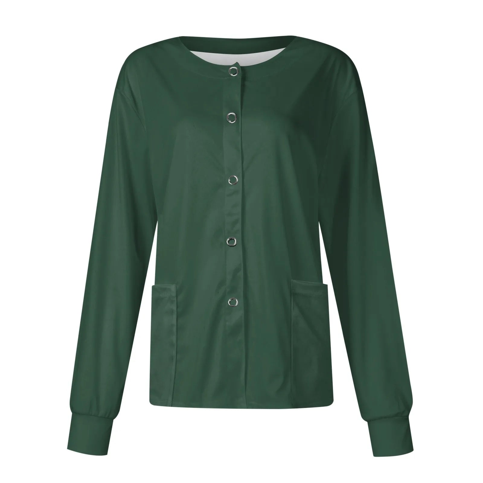 Women’s Long Sleeve Nurse Uniform Top – Casual Round Collar, Pockets, Protective Cardigan Jacket