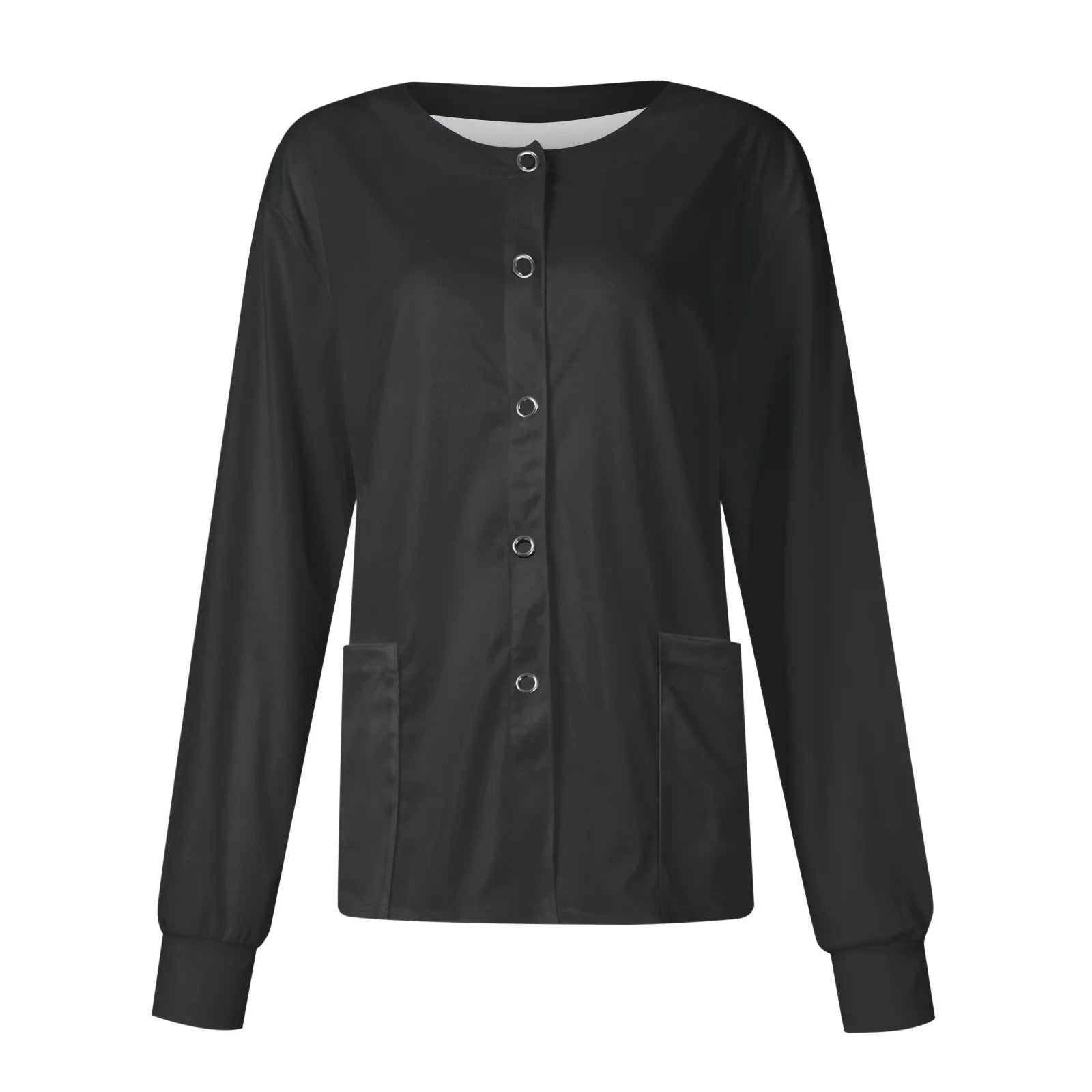 Women’s Long Sleeve Nurse Uniform Top – Casual Round Collar, Pockets, Protective Cardigan Jacket