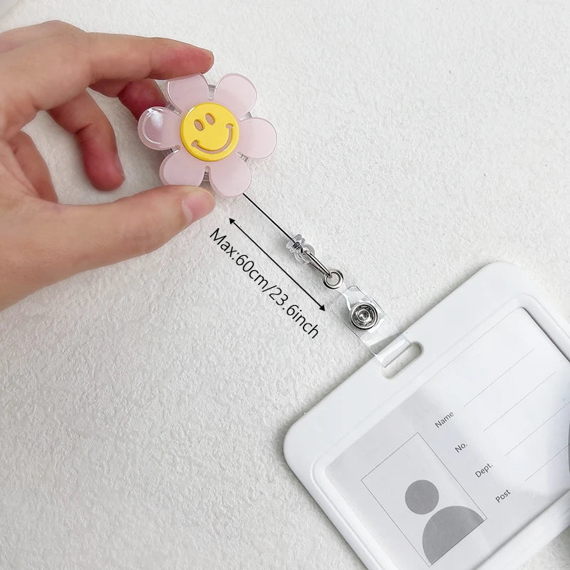 “Smiley Flower Luminous Badge Reel – Retractable ID Holder for Nurses, Students, Kids”