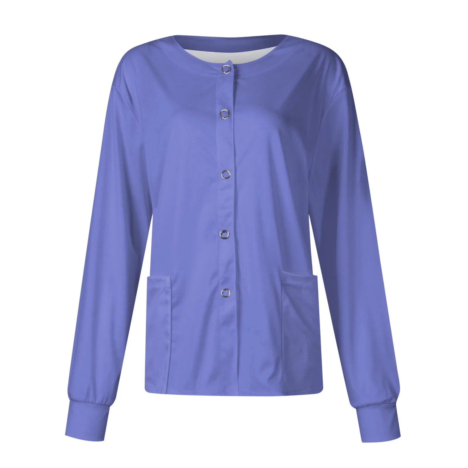 Women’s Long Sleeve Nurse Uniform Top – Casual Round Collar, Pockets, Protective Cardigan Jacket