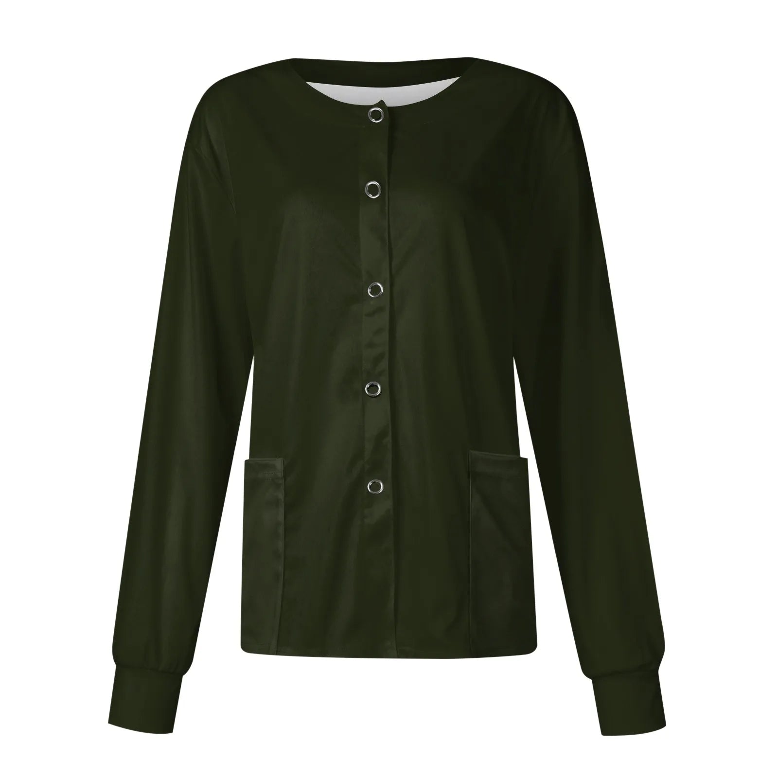Women’s Long Sleeve Nurse Uniform Top – Casual Round Collar, Pockets, Protective Cardigan Jacket