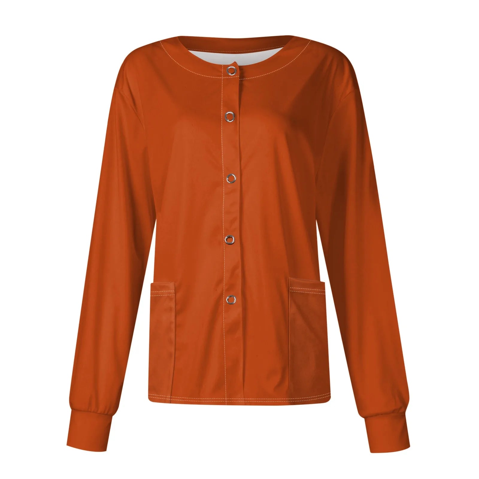 Women’s Long Sleeve Nurse Uniform Top – Casual Round Collar, Pockets, Protective Cardigan Jacket