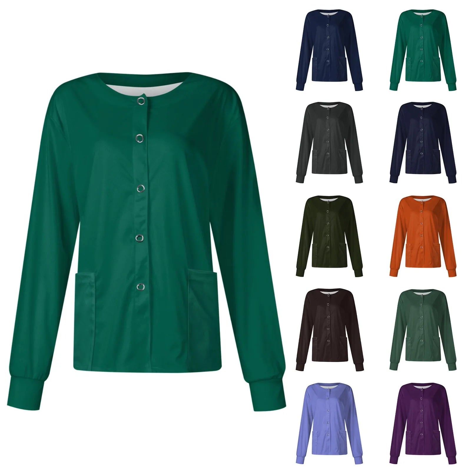 Women’s Long Sleeve Nurse Uniform Top – Casual Round Collar, Pockets, Protective Cardigan Jacket