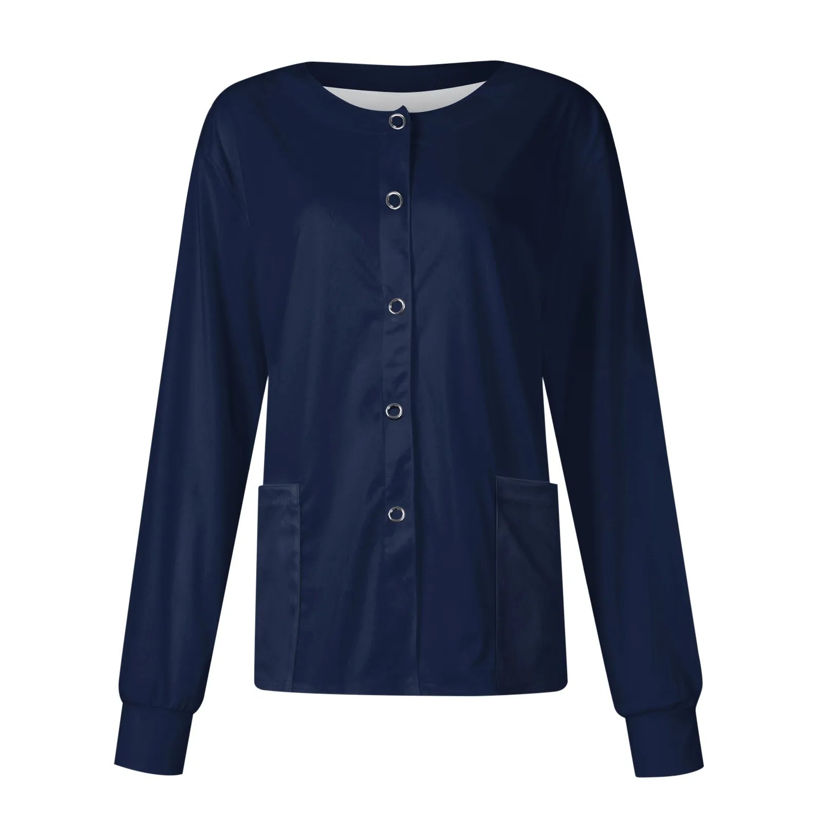 Women’s Long Sleeve Nurse Uniform Top – Casual Round Collar, Pockets, Protective Cardigan Jacket