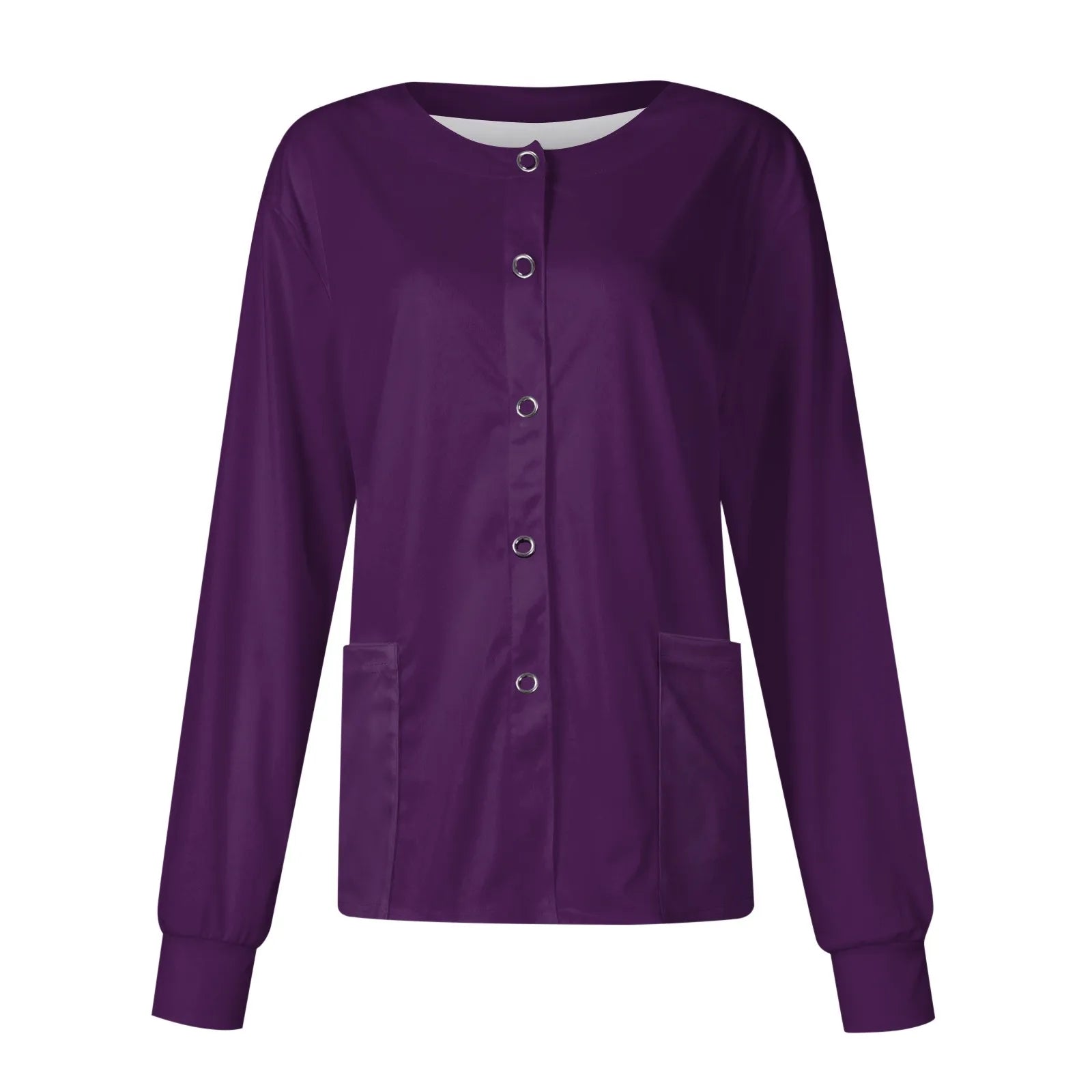 Women’s Long Sleeve Nurse Uniform Top – Casual Round Collar, Pockets, Protective Cardigan Jacket