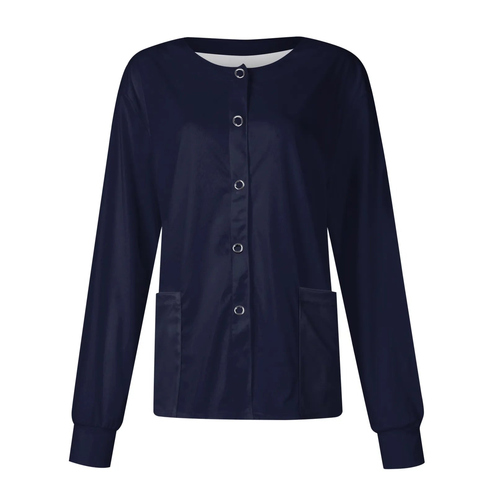 Women’s Long Sleeve Nurse Uniform Top – Casual Round Collar, Pockets, Protective Cardigan Jacket