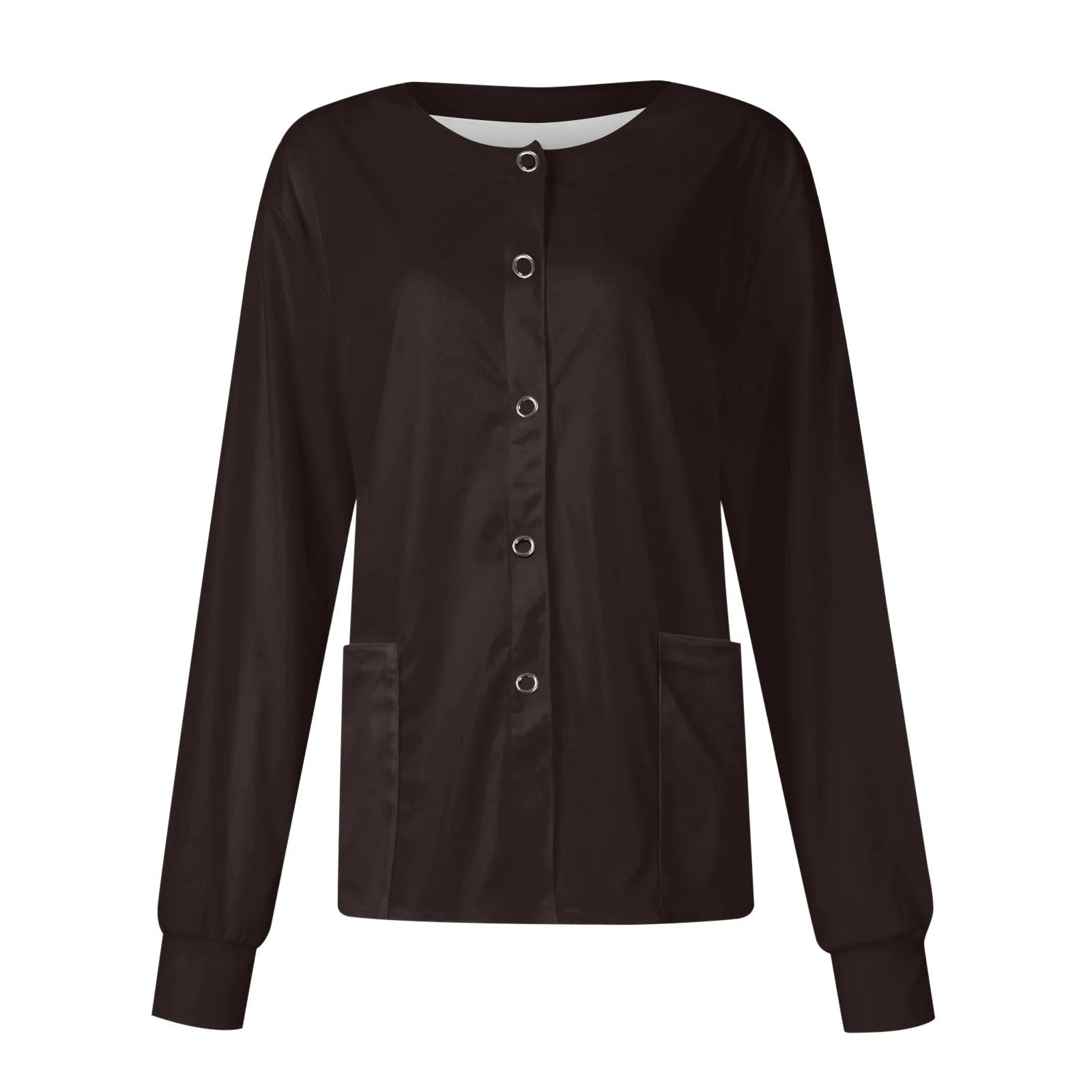 Women’s Long Sleeve Nurse Uniform Top – Casual Round Collar, Pockets, Protective Cardigan Jacket